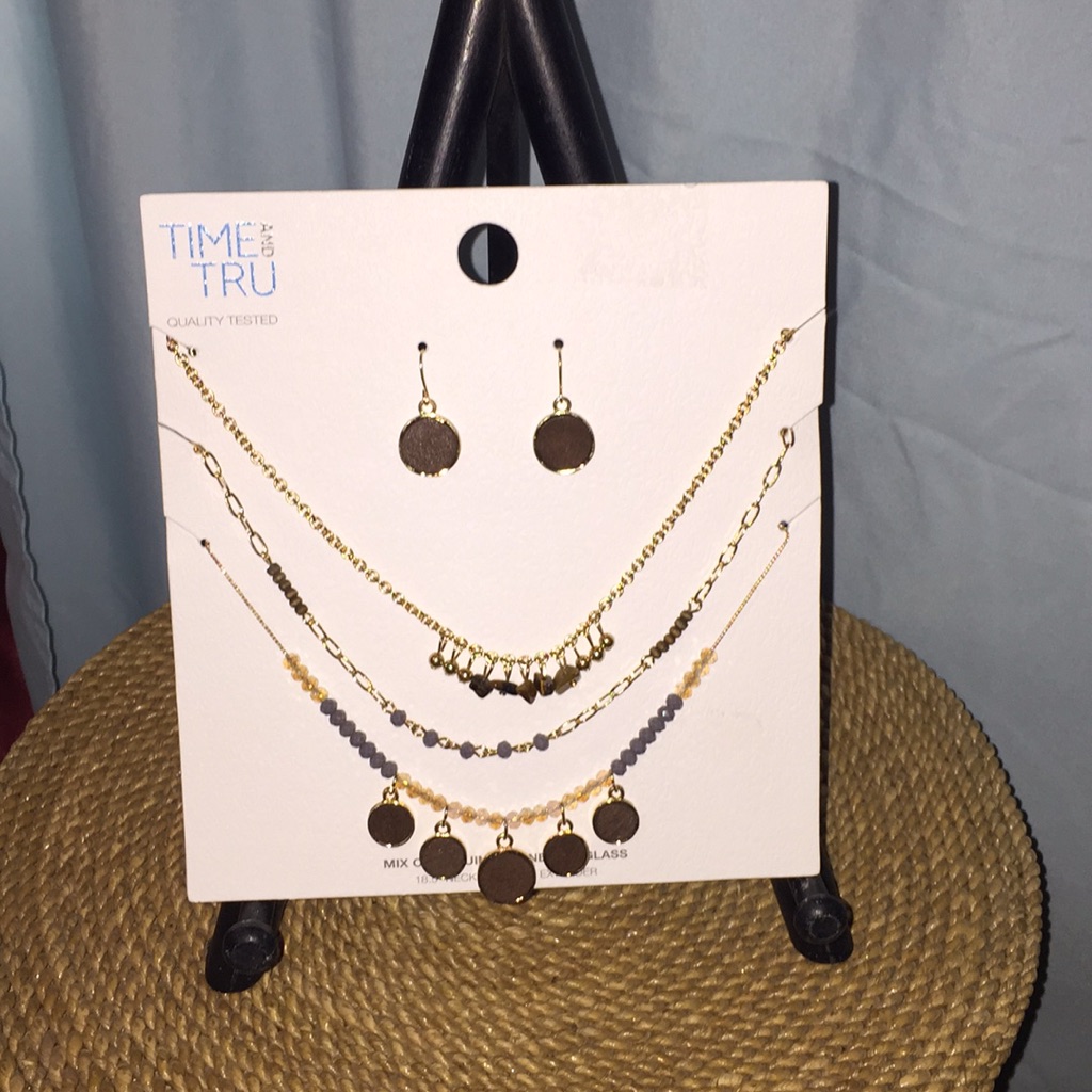 Nwt Genuine Stone Glass Long Necklace Earrings